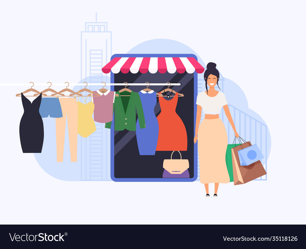Young woman shop online using smartphone flat vector image Young woman shop online using smartphone flat