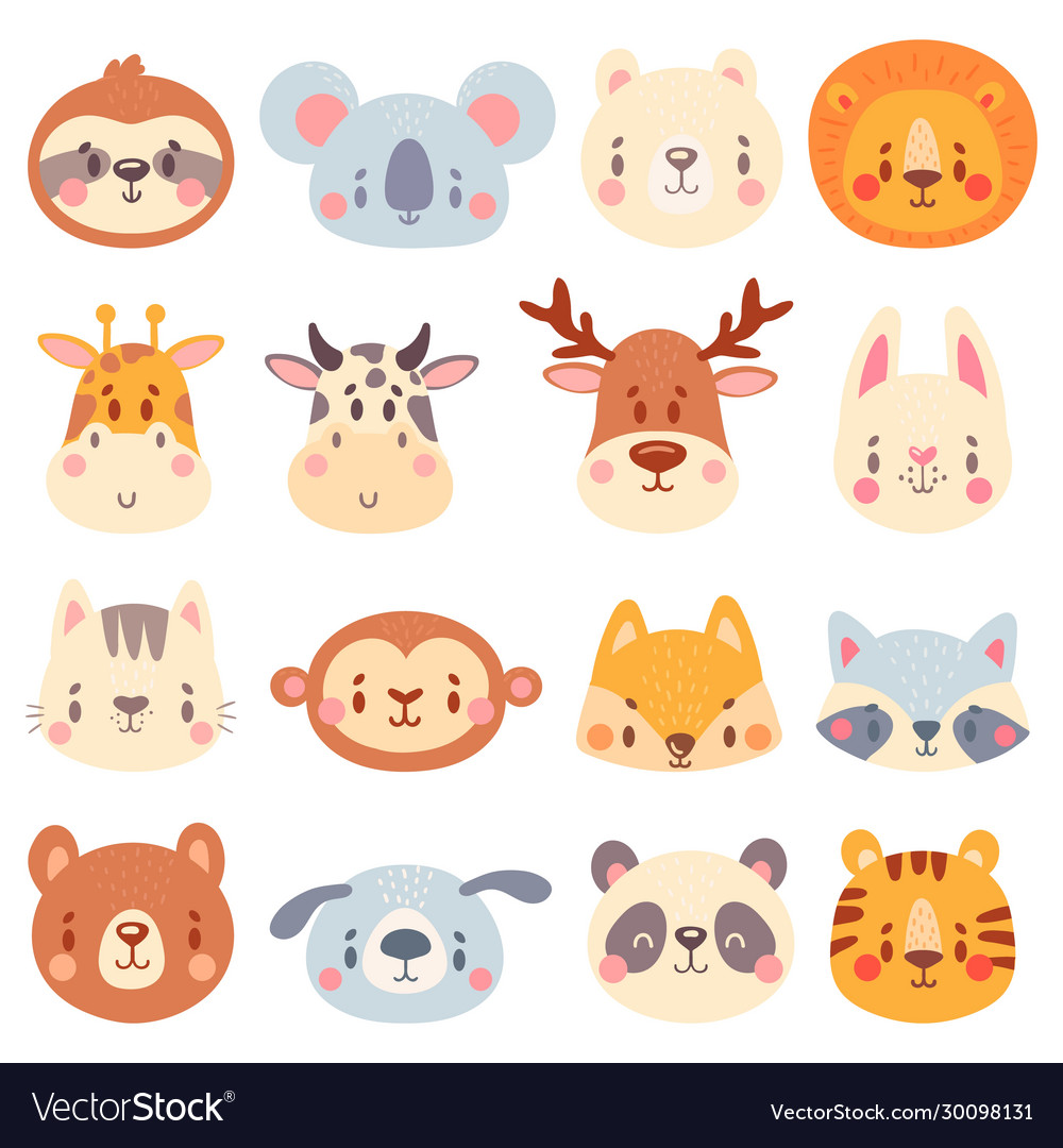 Cute animal faces color portraits Royalty Free Vector Image