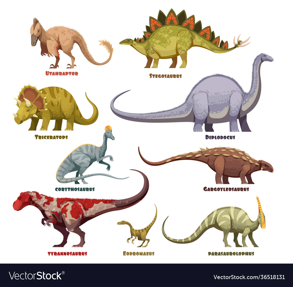 Dinosaurs cartoon set with names Royalty Free Vector Image