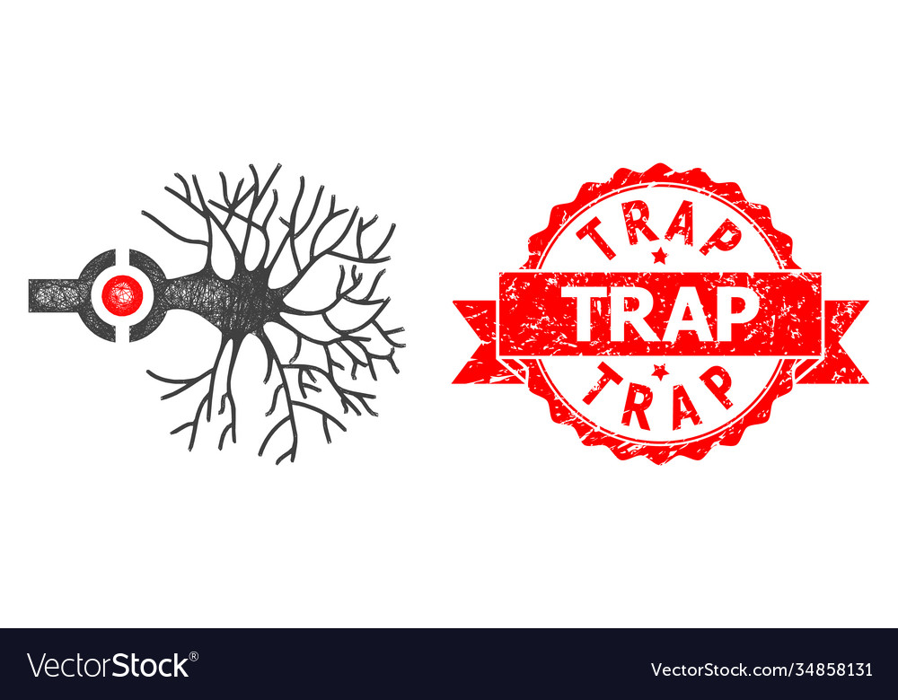 Grunge trap stamp and net neuron digital interface vector image Grunge trap stamp and net neuron digital interface
