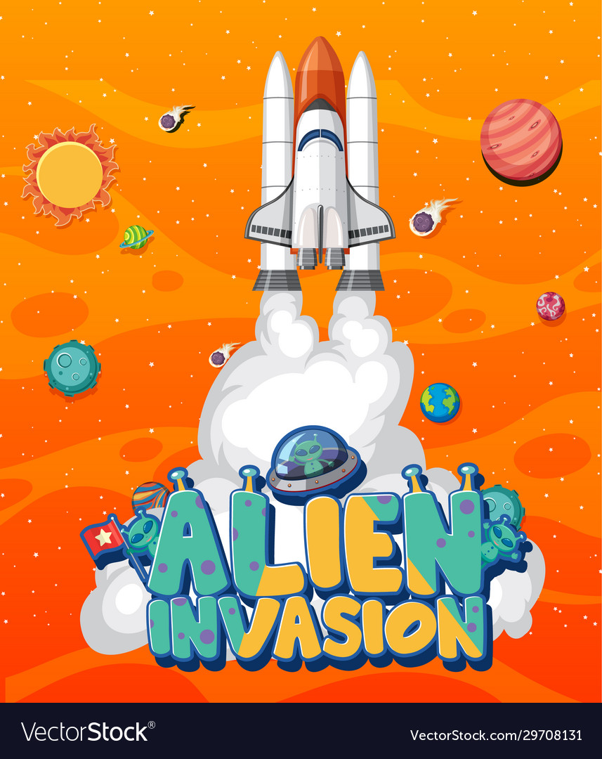 Poster design with spaceship and many planets
