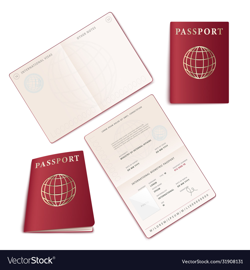 Realistic international passport mockup set - open