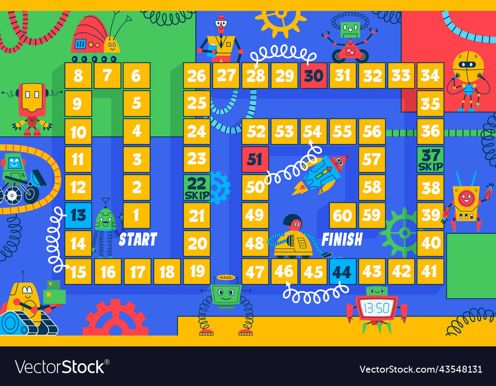 Step board game with cartoon robots and droids