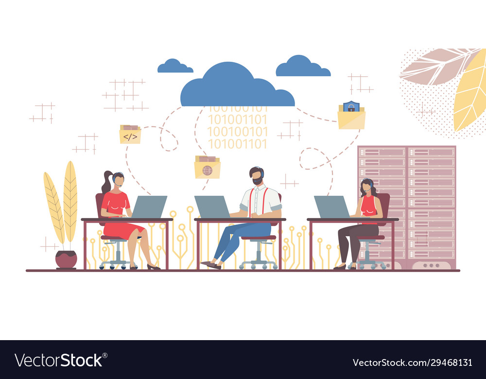 Team working in saas connected with main cloud vector image Team working in saas connected with main cloud