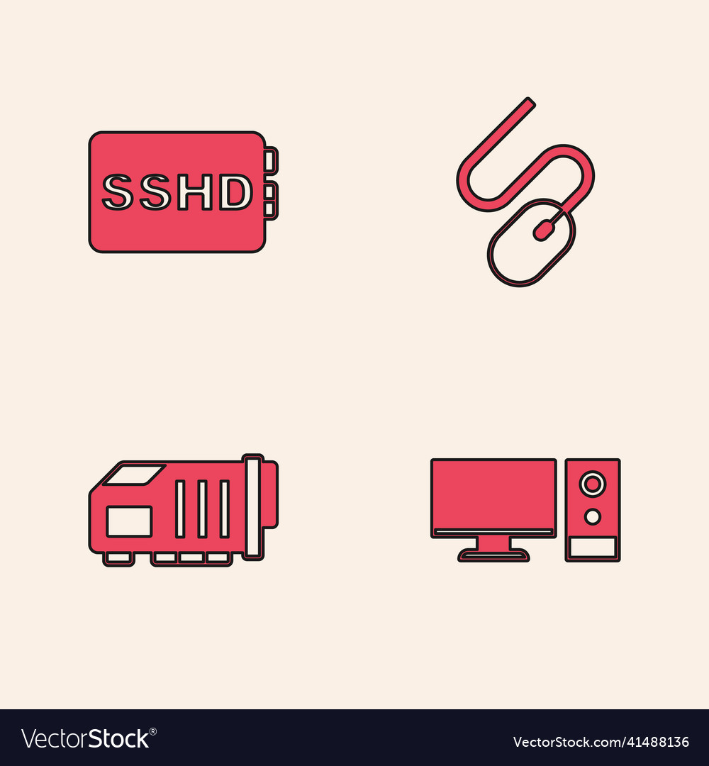 Set computer monitor sshd card mouse and video vector image Set computer monitor sshd card mouse and video