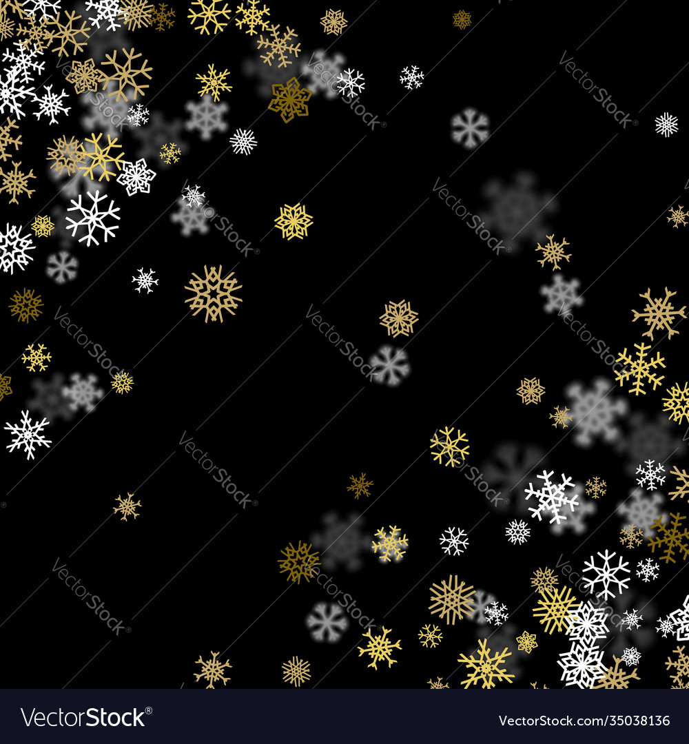 Snowfall background with golden snowflakes blurred