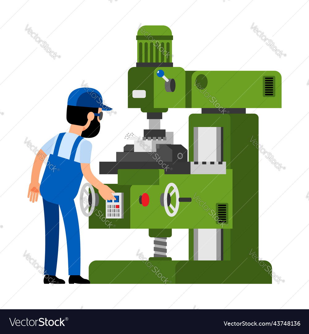 Worker processes part on milling machine Vector Image