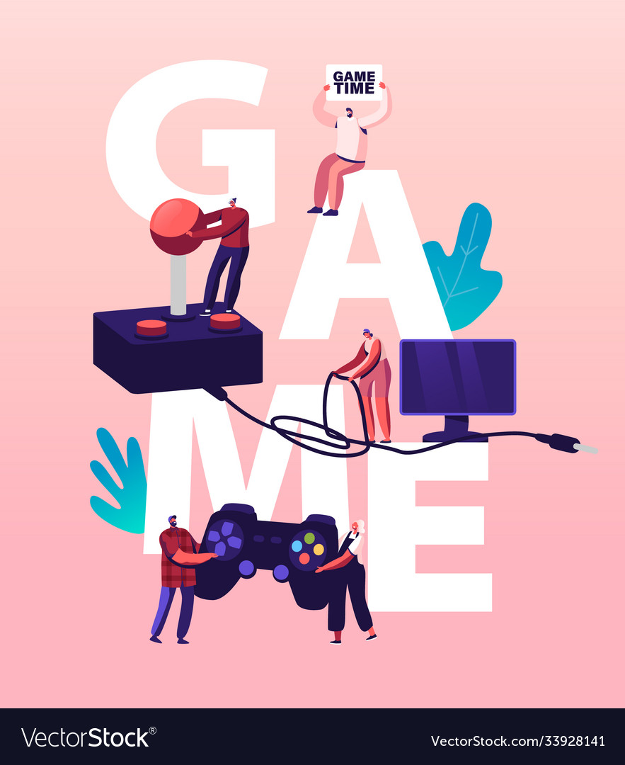 Computer games concept tiny characters with huge Vector Image Computer games concept tiny characters with huge