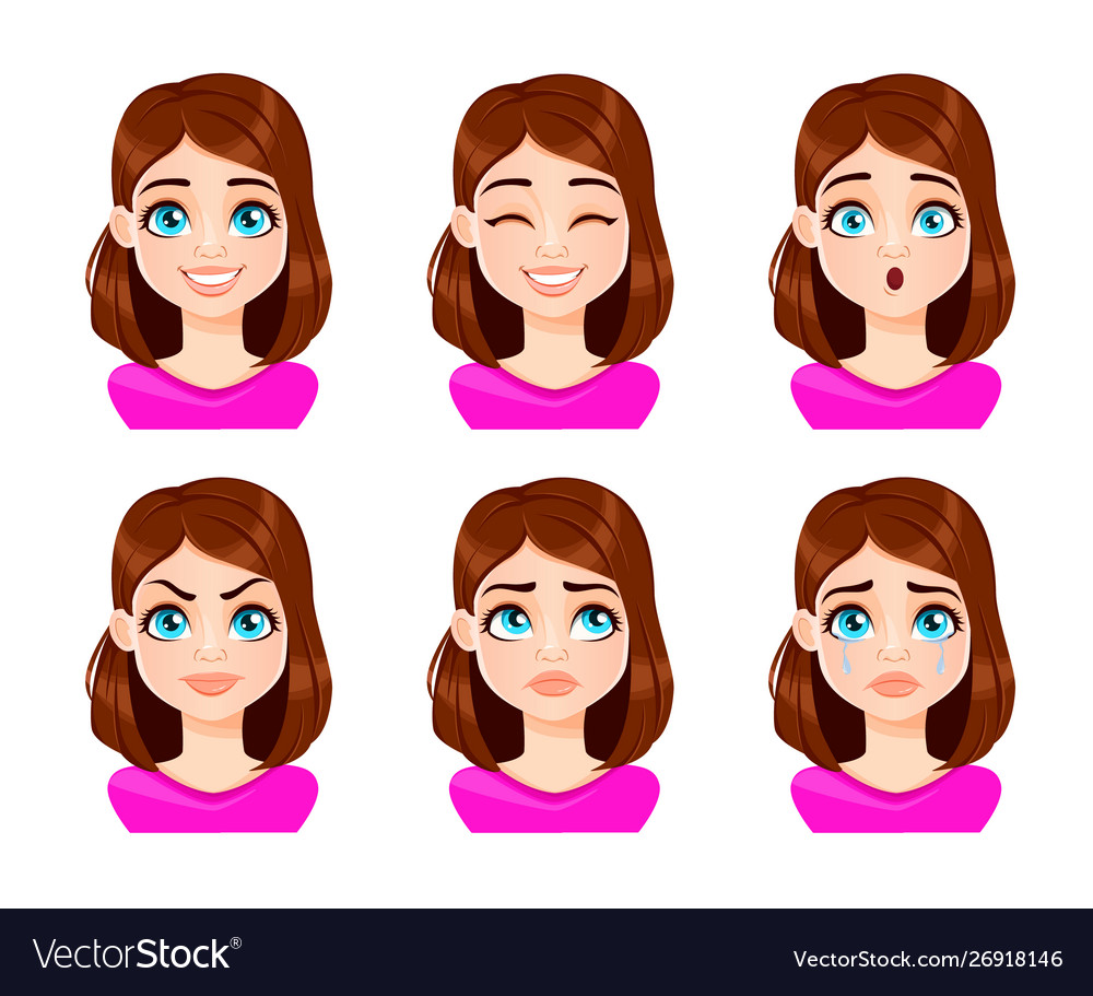 Face expressions woman in purple blouse