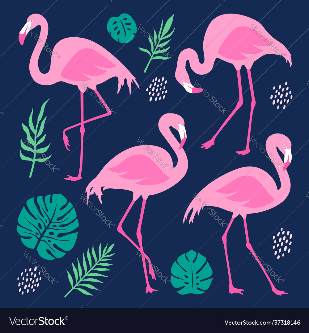 Set with pink flamingos and tropical palm leaves