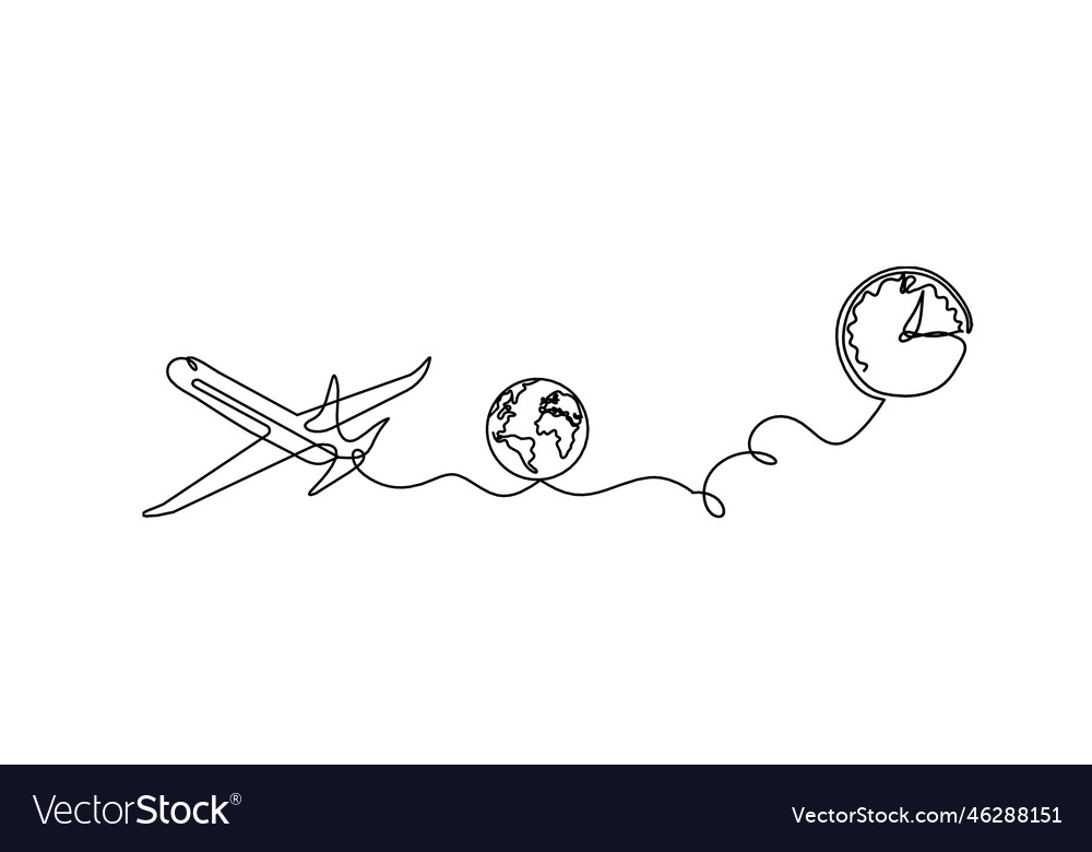 Abstract plane with clock as line drawing on white