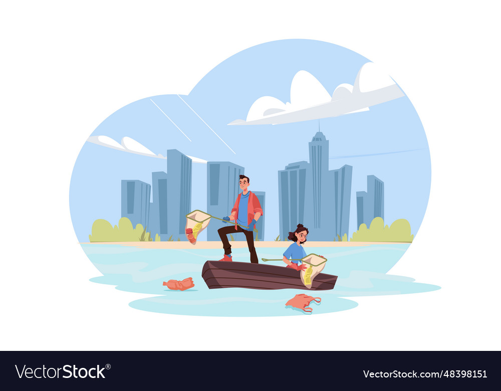 Man with a net catches floating plastic from Vector Image Man with a net catches floating plastic from