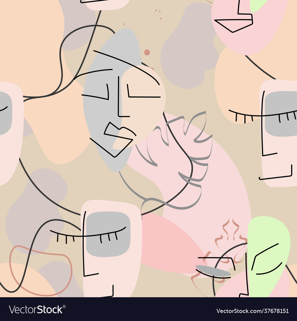 One line drawing abstract face seamless pattern