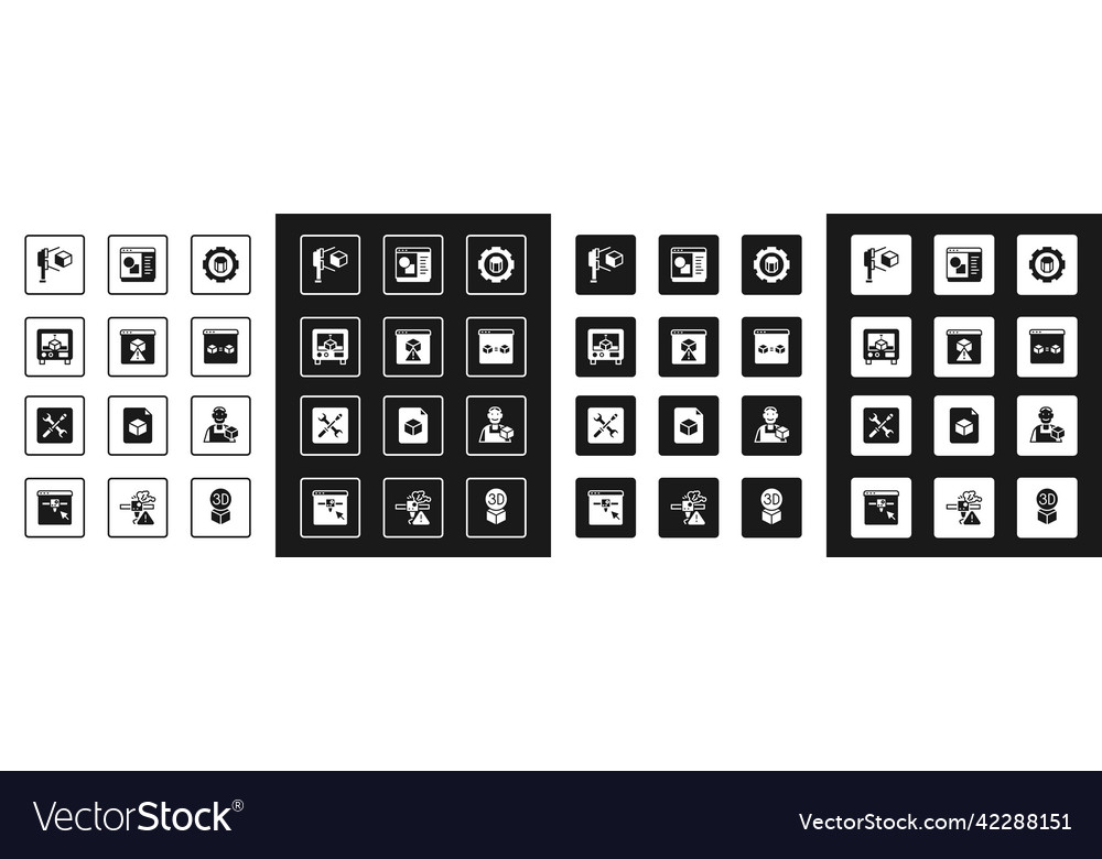 Set 3d printer setting scanner with cube perfect vector image Set 3d printer setting scanner with cube perfect
