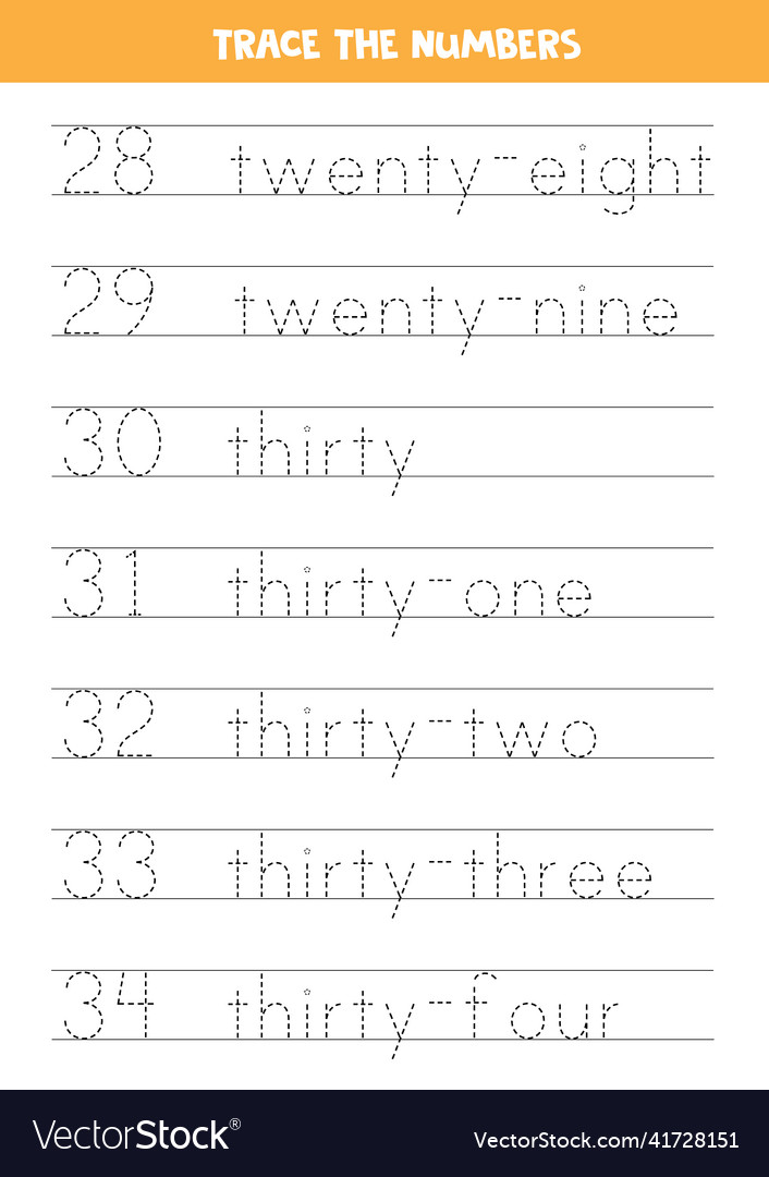 Tracing numbers from 28 to 34 writing practice
