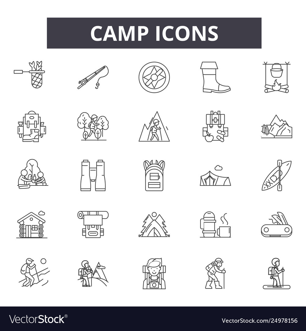 Camp Line Icons Zeichen gesetzt Umriss