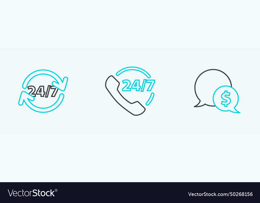 Set line speech bubble with dollar clock 24 hours