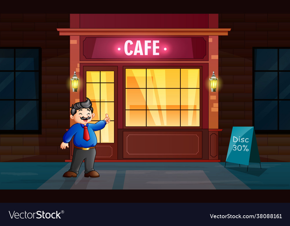 Cartoon a male in uniform front cafe