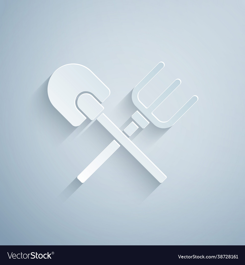 Paper cut shovel and rake icon isolated on grey vector image Paper cut shovel and rake icon isolated on grey