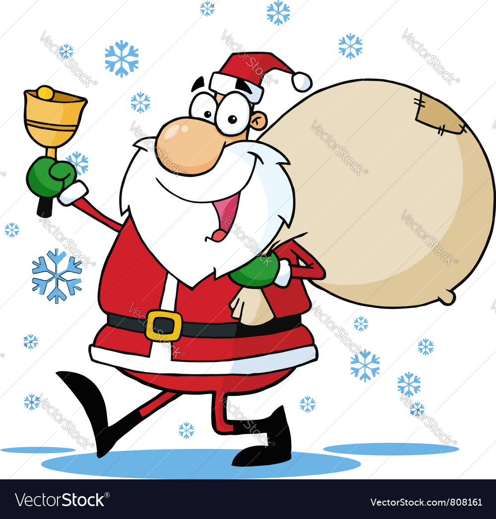 Santa waving a bell and walking with his toy sack