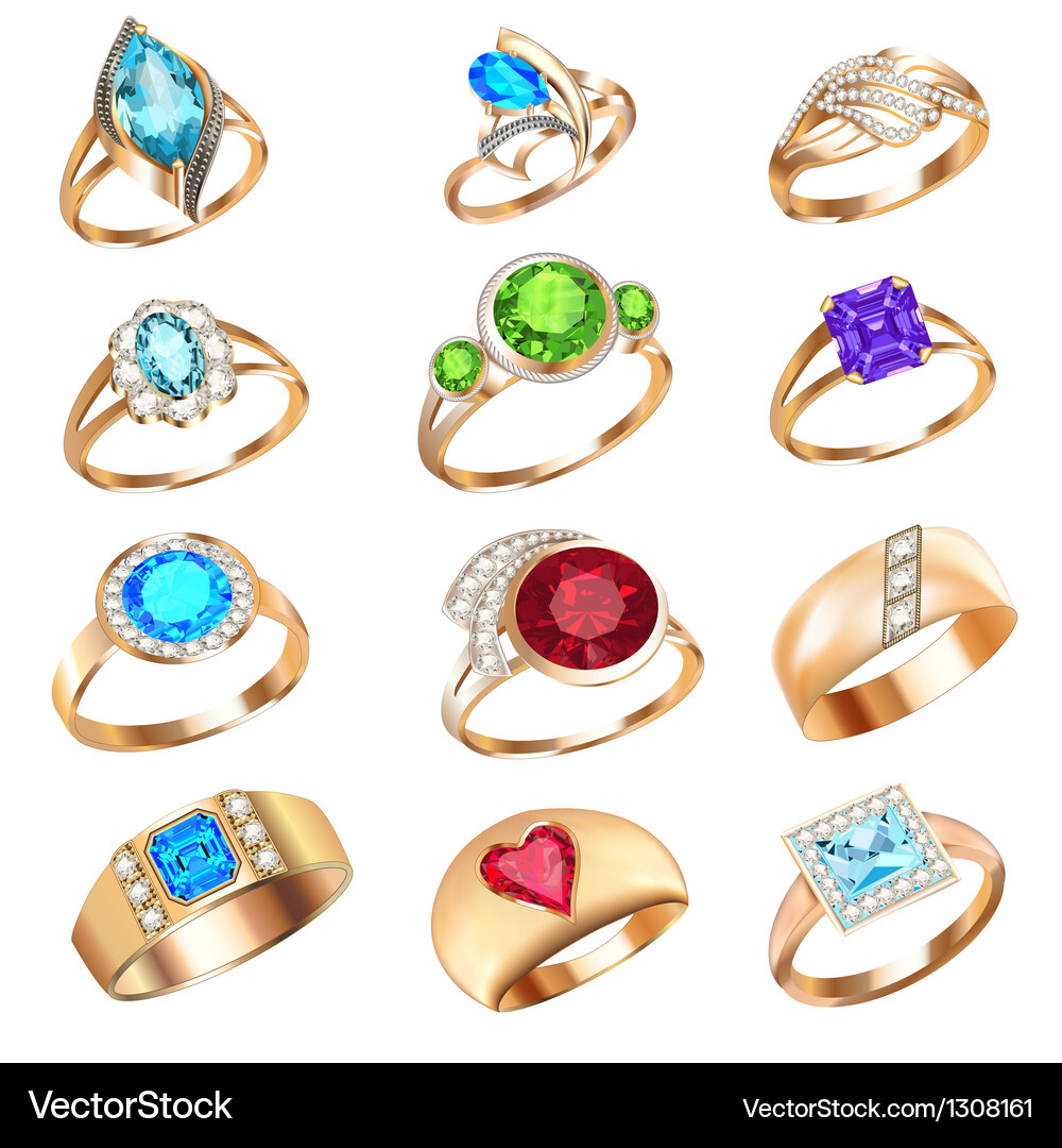 Set rings with precious stones on a white backg Vector Image