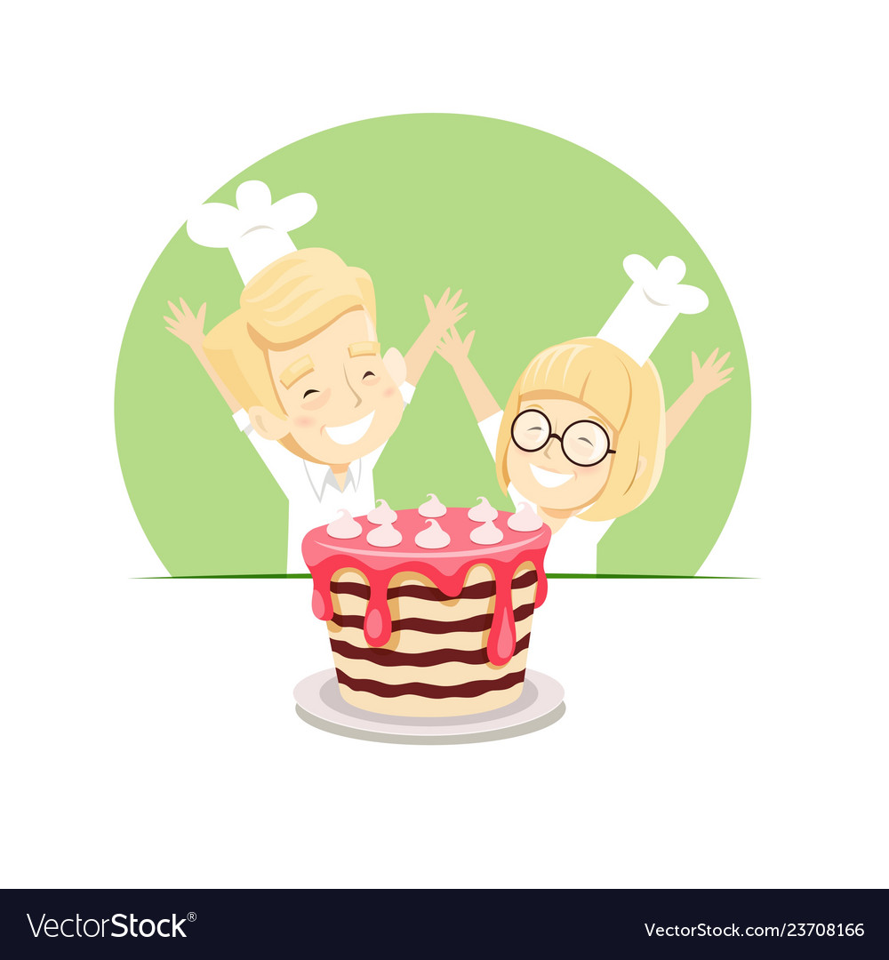 Joyful boy and girl baked a cake