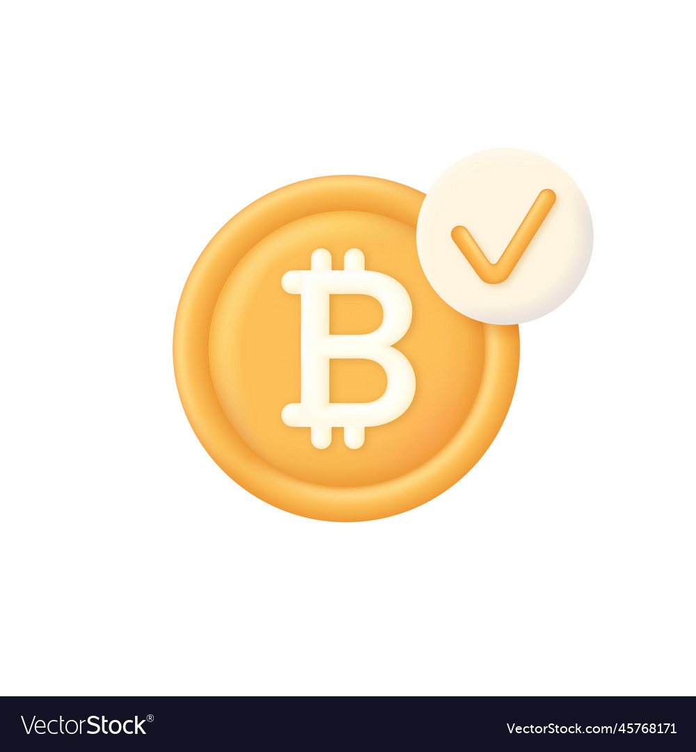 3d bitcoin and check mark vector image 3d bitcoin and check mark