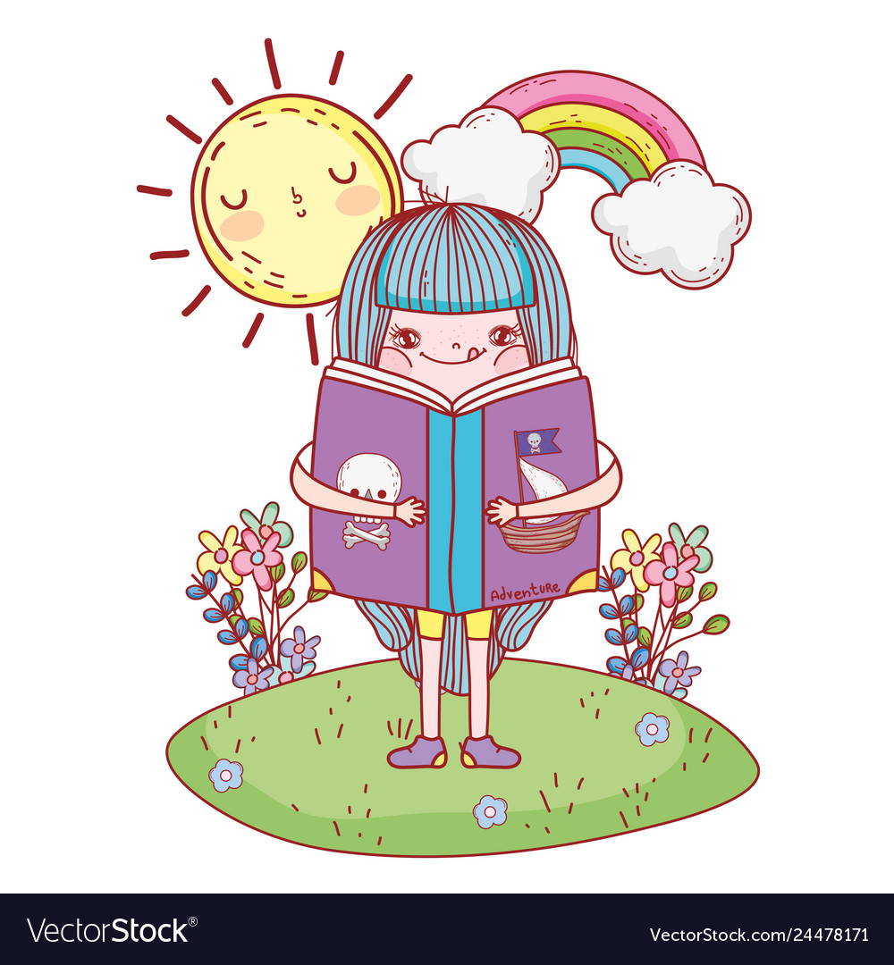 Happy little girl reading books with rainbow