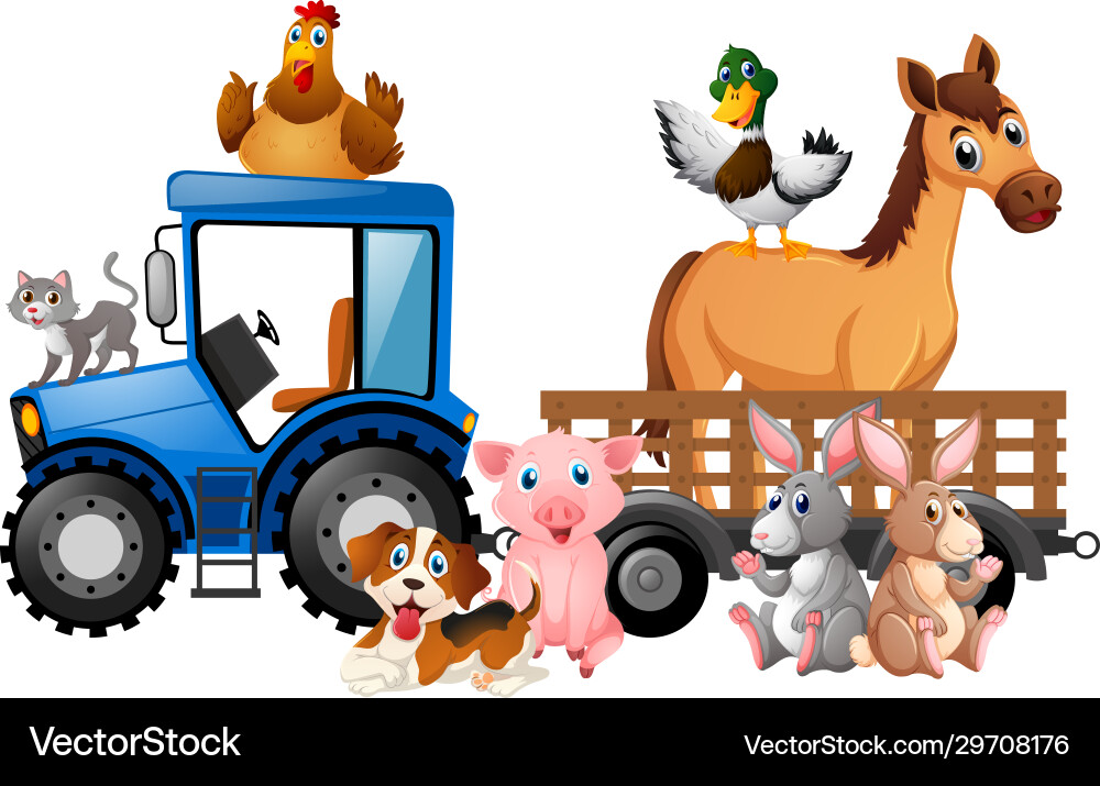 Many farm animals riding tractor on white Vector Image