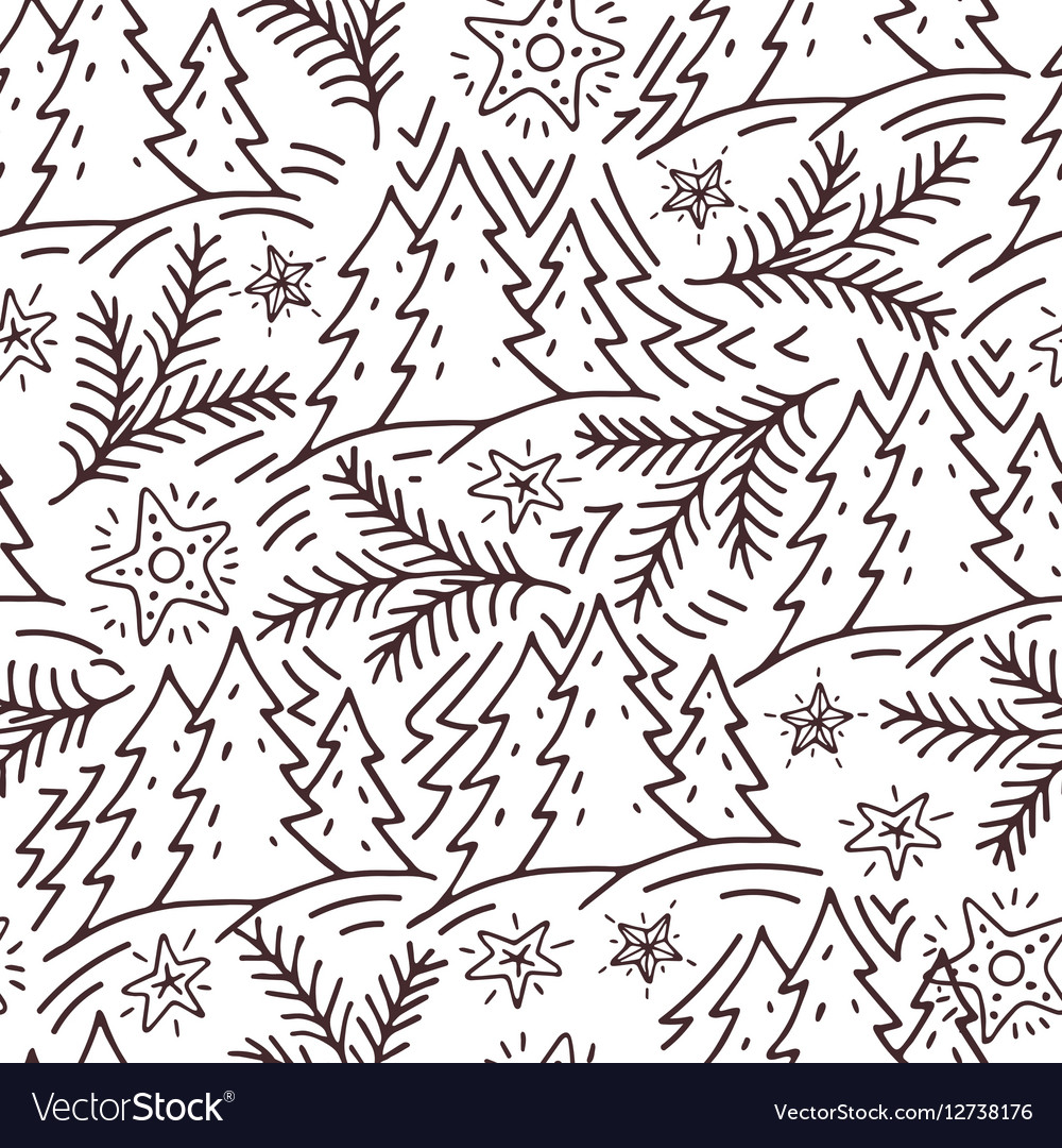 Seamless hand-drawn pattern with fir trees