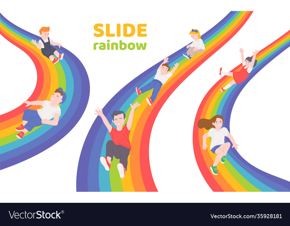 Rainbow slide with happy children sliding down Vector Image