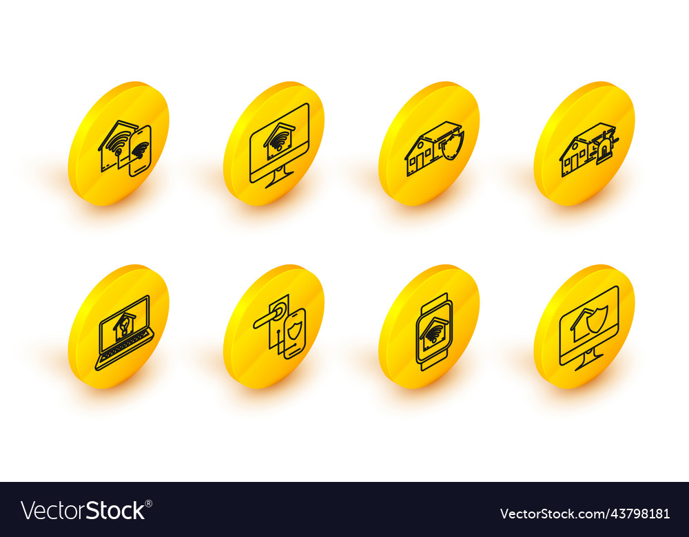 Set line computer monitor with house under vector image Set line computer monitor with house under