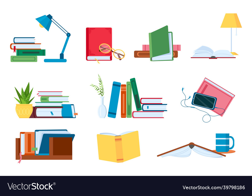 Reading literature flat book stacks and piles Vector Image