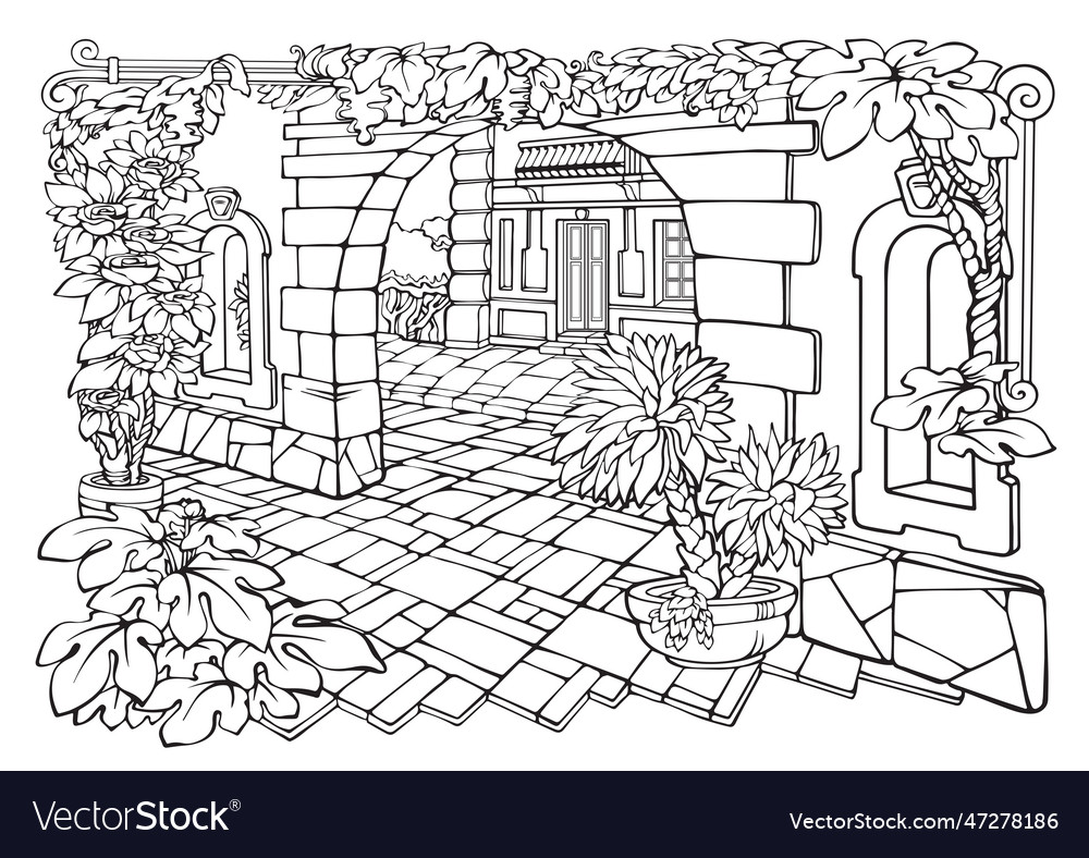 Romantic cozy town coloring page with house vector image Romantic cozy town coloring page with house