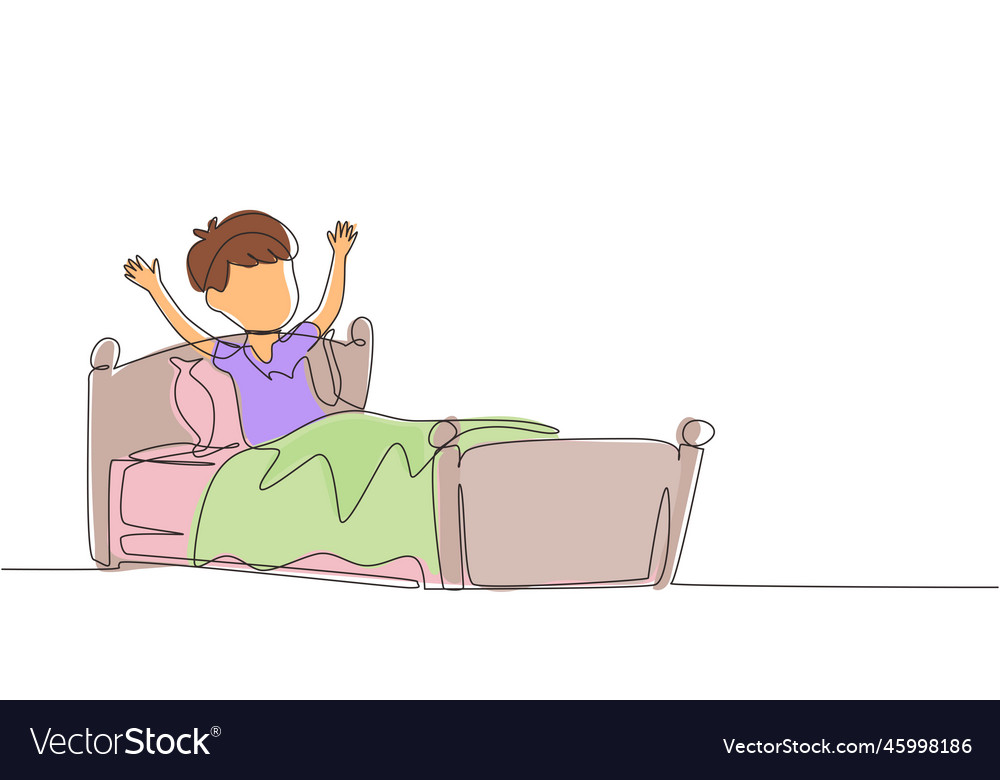 Single one line drawing little boy wake up Vector Image