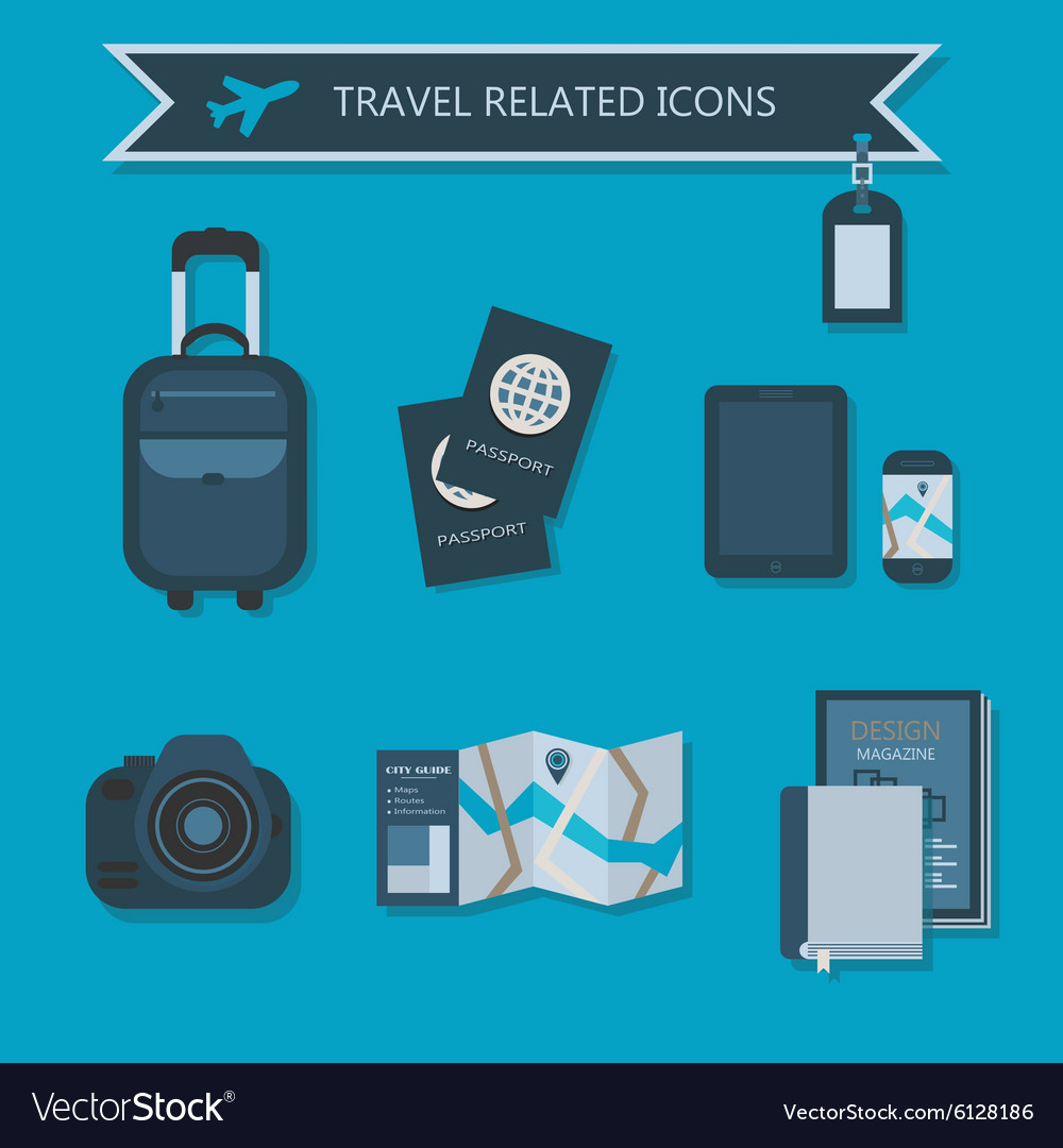 Vacation and travel icon set on blue background