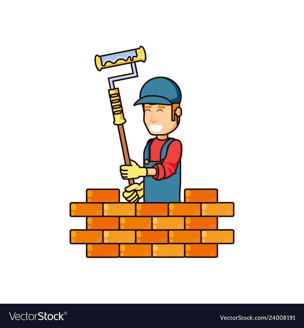 Construction worker with paint roller and wall