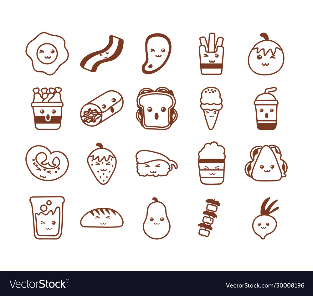 Set Icons Kawaii Food Line Style Icon Royalty Free Vector