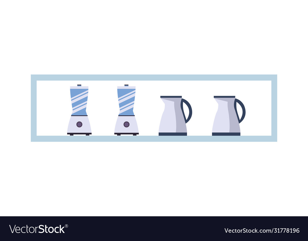 Shelf with blenders and kettles kitchen appliances