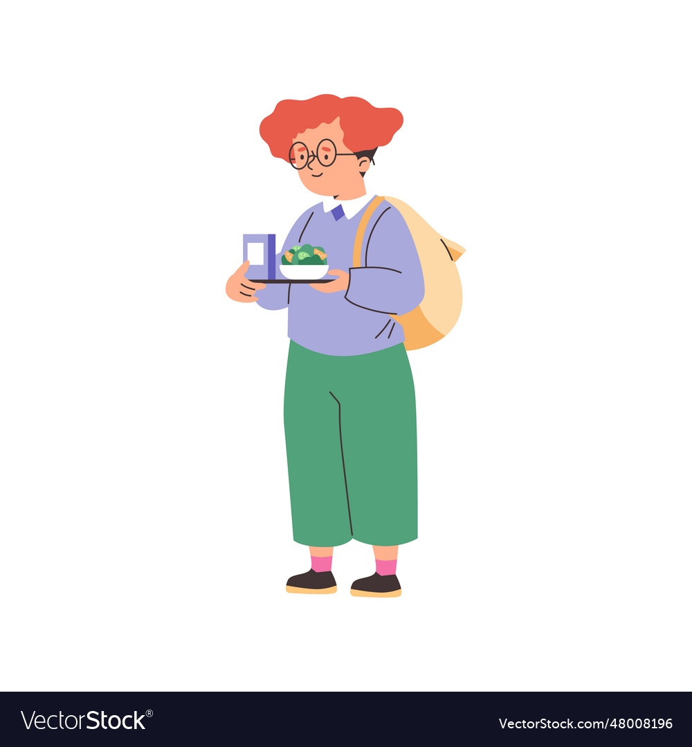 Smiling girl in glasses and with backpack holding