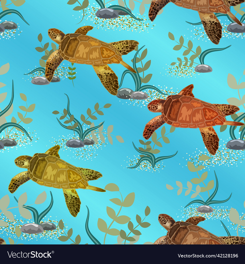 Turtles and algae in a pattern vector image Turtles and algae in a pattern