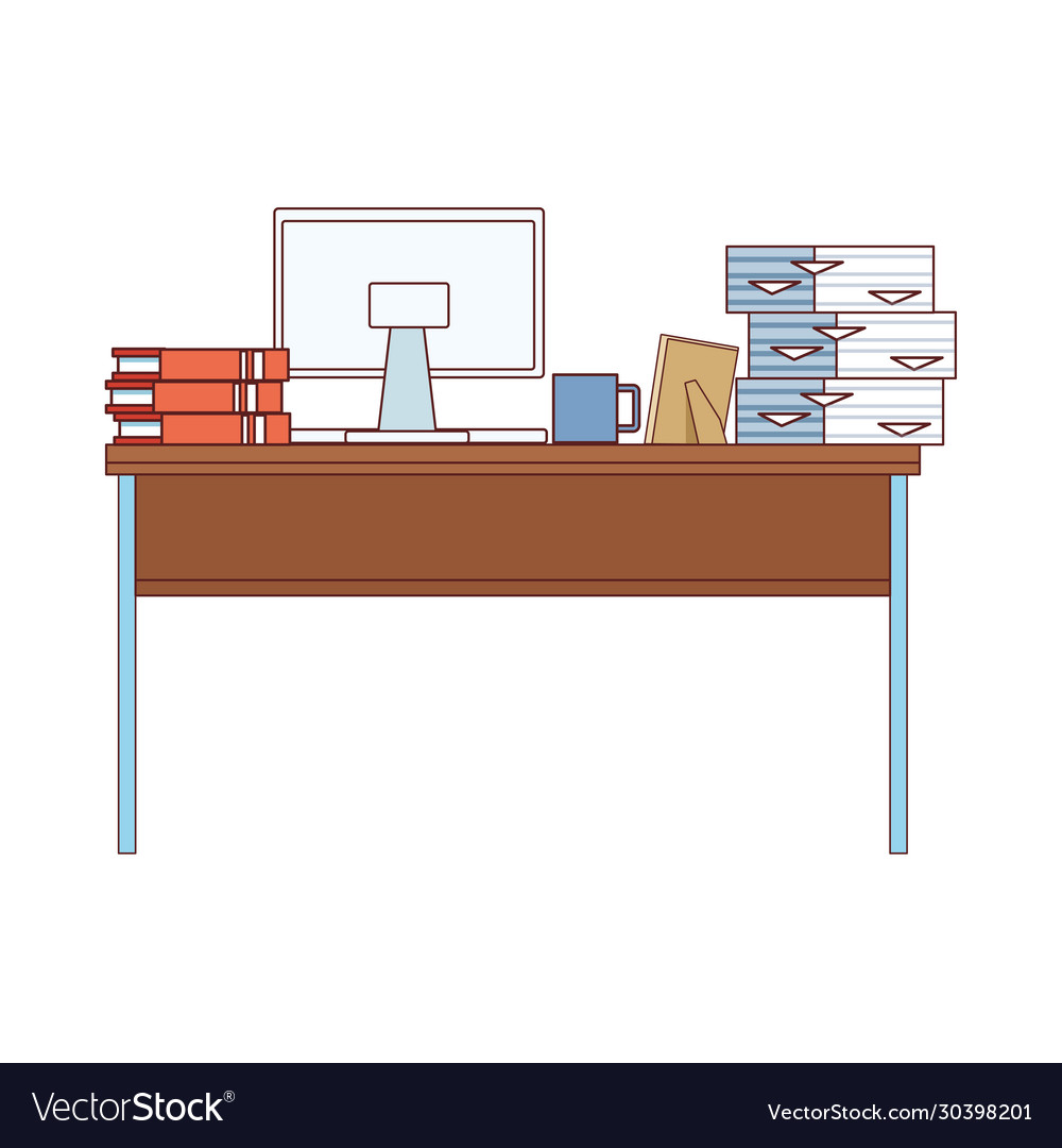 Desk with computer desktop and pile documents vector image Desk with computer desktop and pile documents