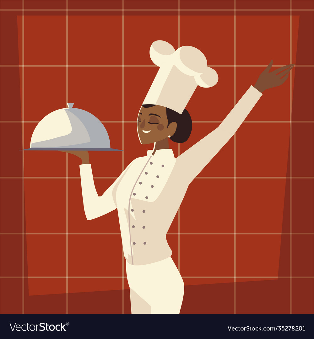 Female chef with platter service worker