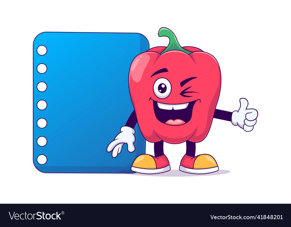 Pointing at a poster red bell pepper cartoon