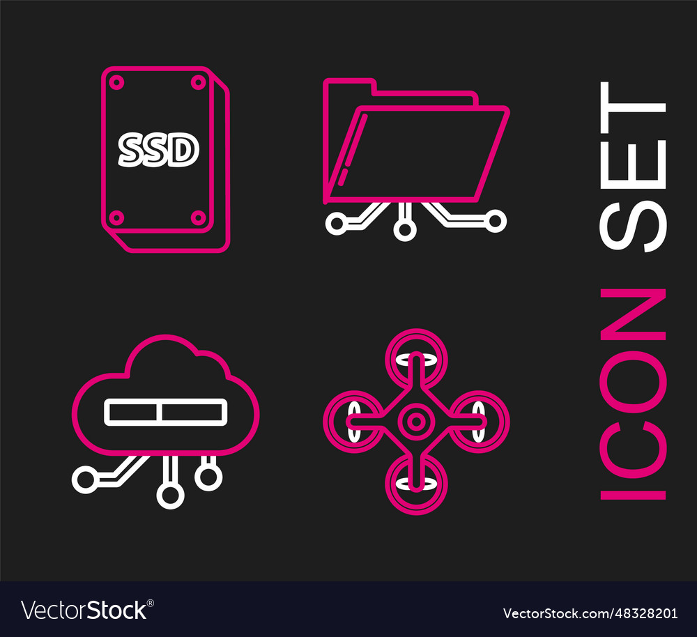 Set line drone internet of things folder and lock vector image Set line drone internet of things folder and lock
