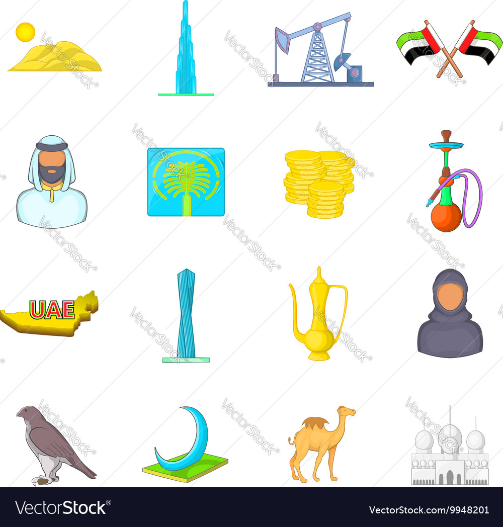 Uae icons set cartoon style Royalty Free Vector Image