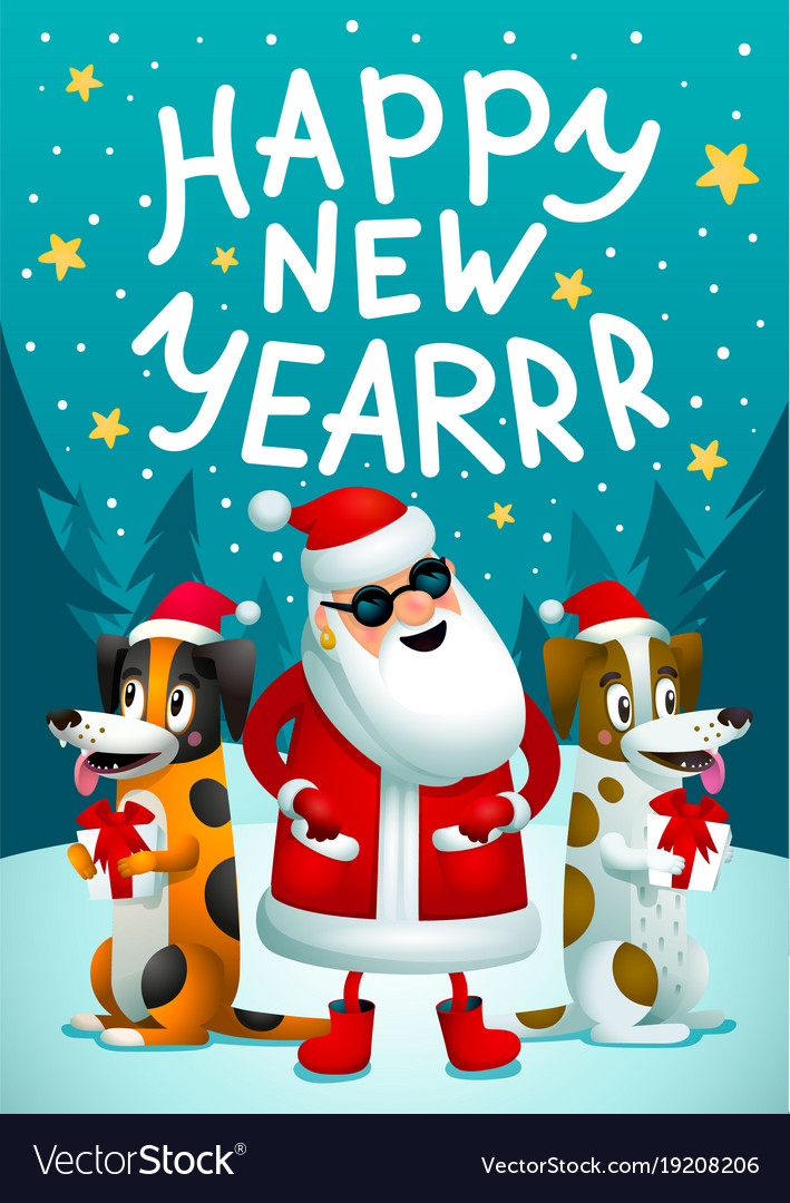 Happy new year santa claus and 2 funny dogs Vector Image Happy new year santa claus and 2 funny dogs Vector Image