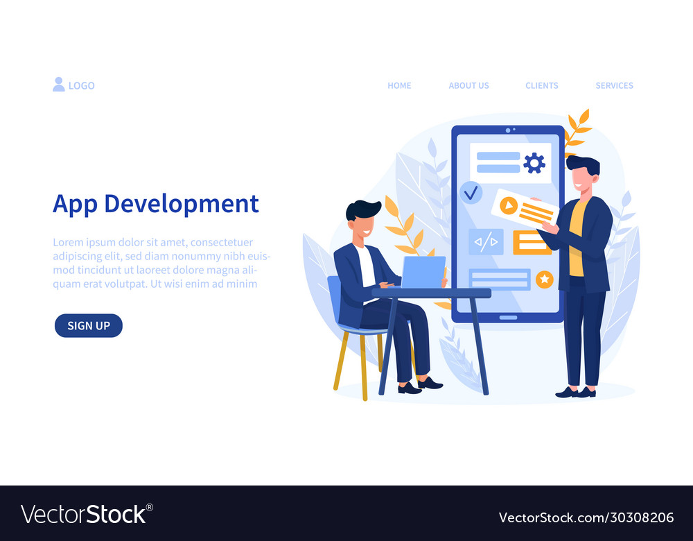 Mobile app development concept with developers vector image Mobile app development concept with developers