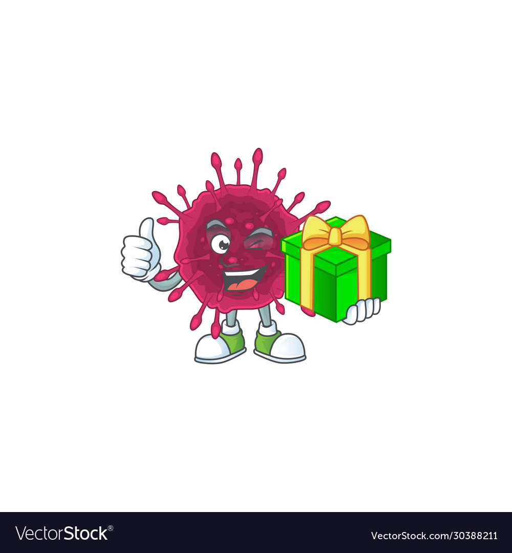 Cheerful covid19 character holding gift box