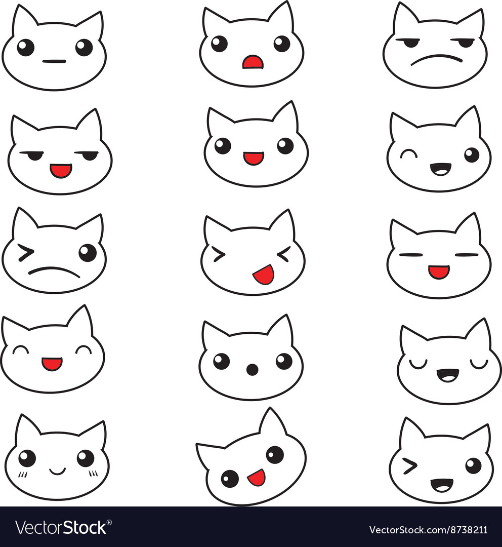 Kawaii Cute Cat Face with Ears. Positive Emotions. Cartoon Vector